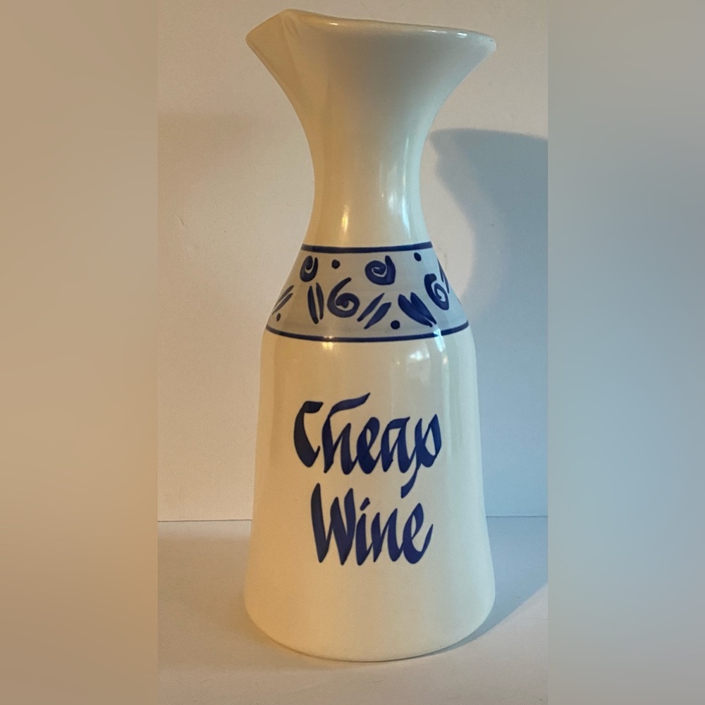 Pottery wine carafe "cheap wine" blue banded design